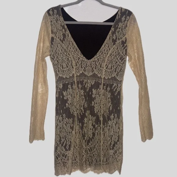 Free People Mini Dress XS TP Beige Lace Sheath Long Sleeve Brown Boho - Picture 4 of 6